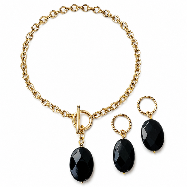 Black Onyx Toggle Choker & Huggie Earring Set