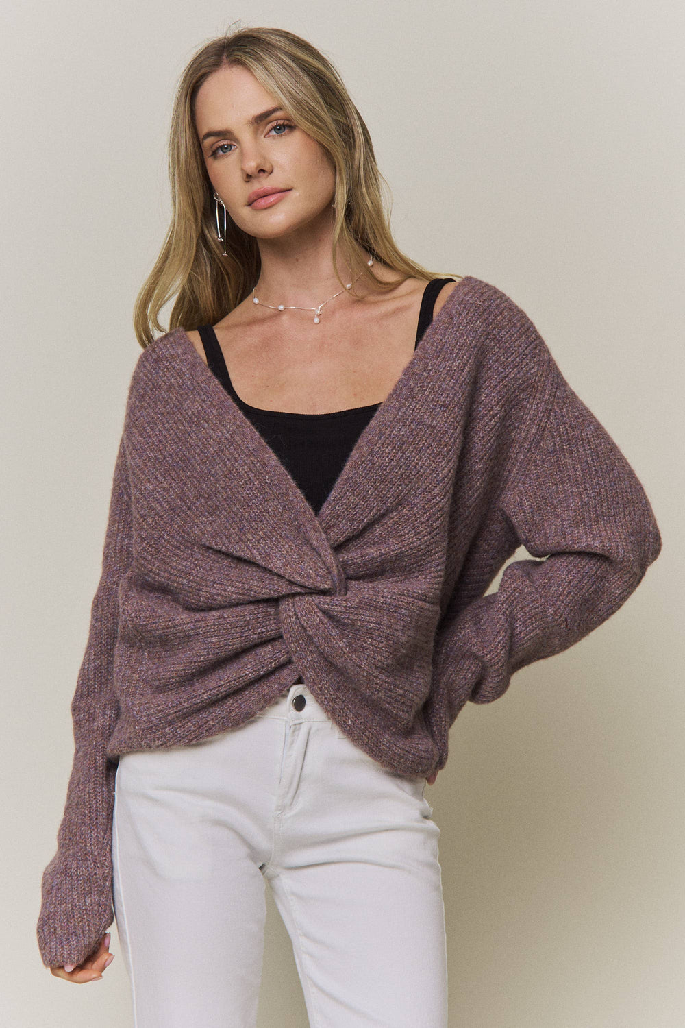 Everly reversible heathered mauve knit sweater worn with twist detail in front