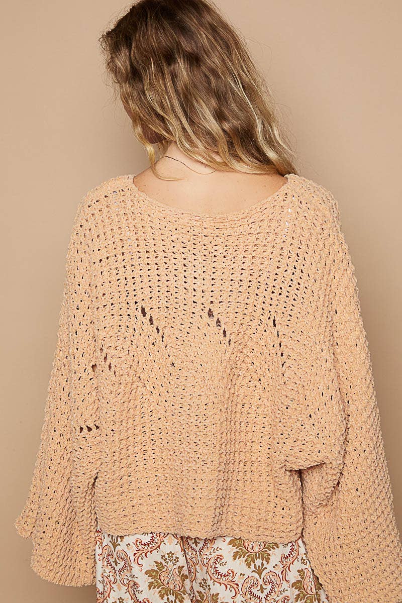 Round neck semi cropped chenille solid sweater SALE