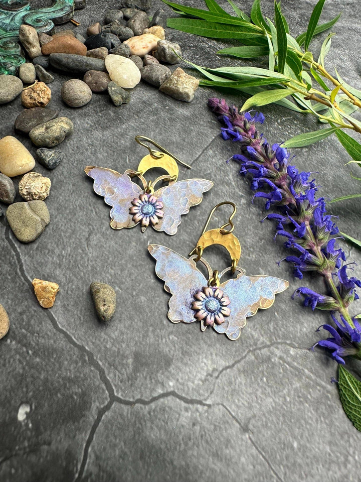 Lavender Butterfly Earrings Floral Brass Dangles Fairycore