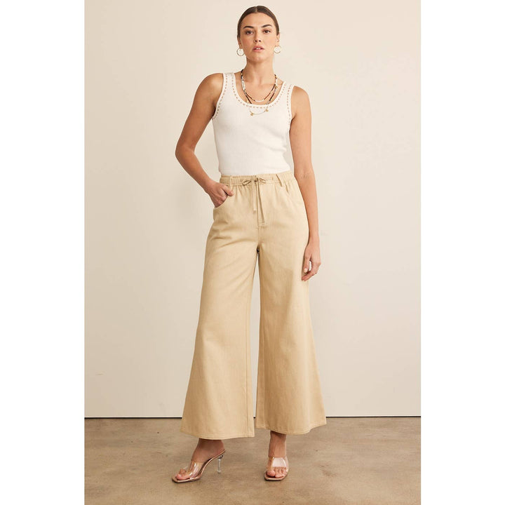Tan Wide Leg Crop Pants | High-Waisted Drawstring Pants