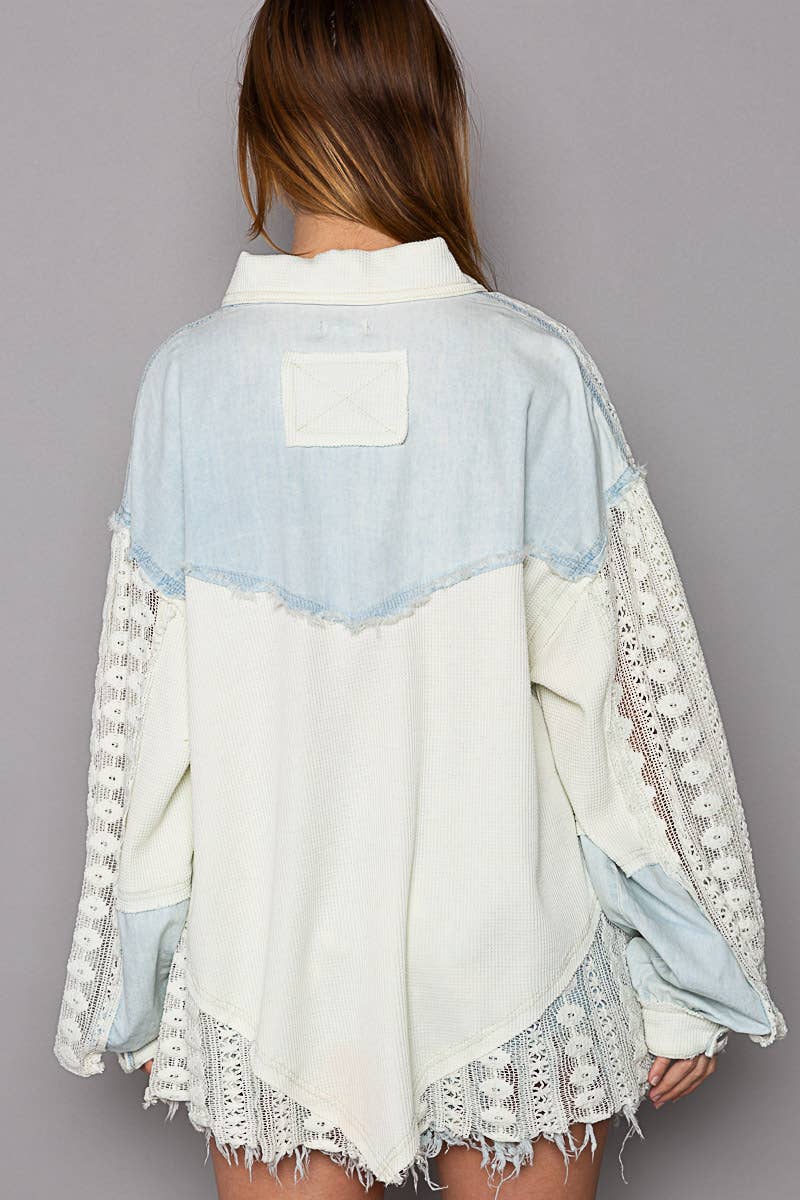 Oversize contrast lace crochet collared button down shirt