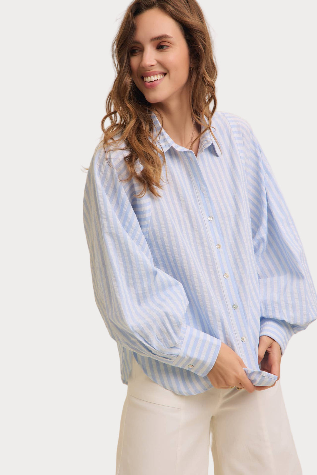 Striped Balloon Sleeve Blouse | Women's Relaxed Fit Button-Up