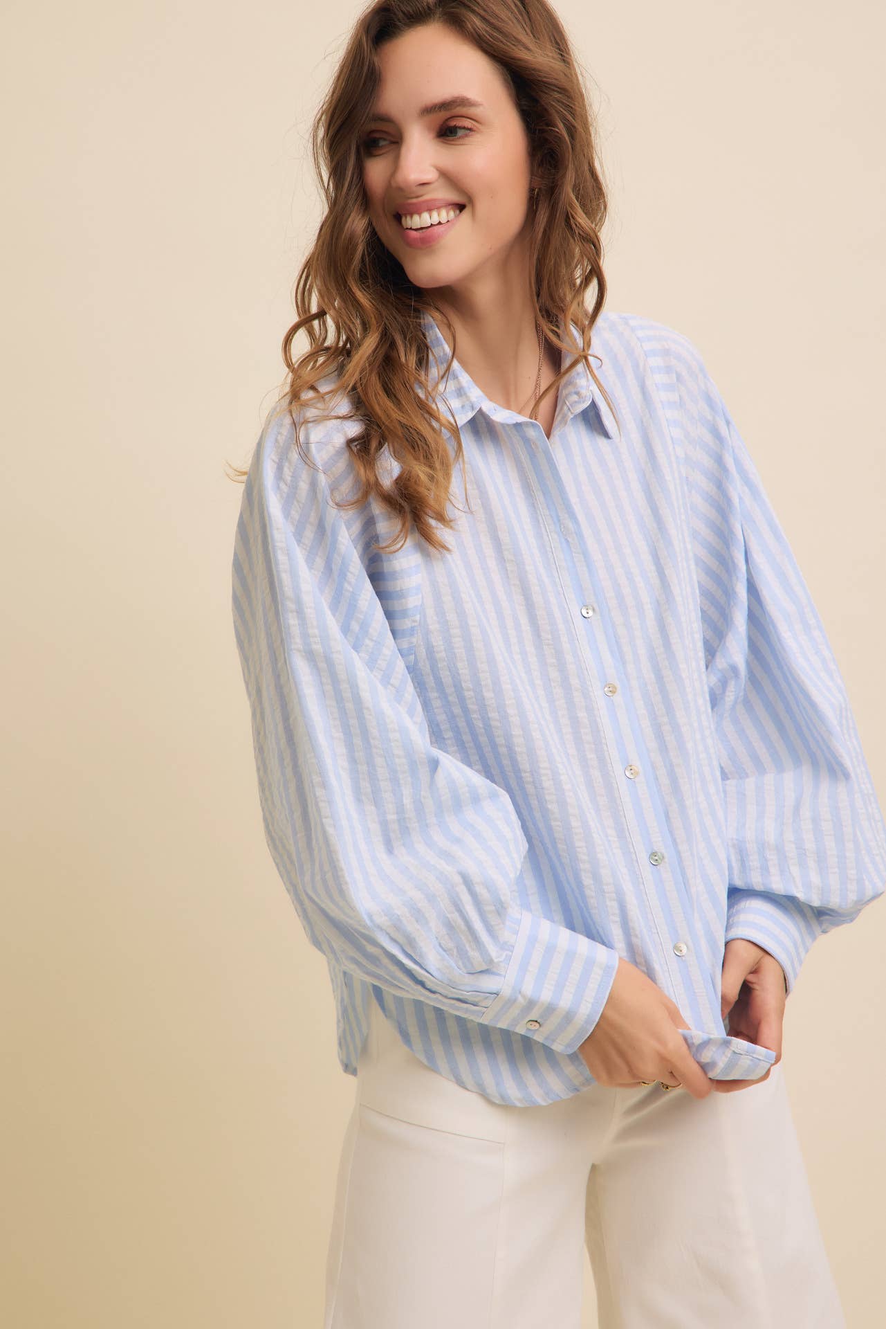 VOLUMINOUS SLEEVED BUTTON-DOWN COTTON STRIPE SHIRT