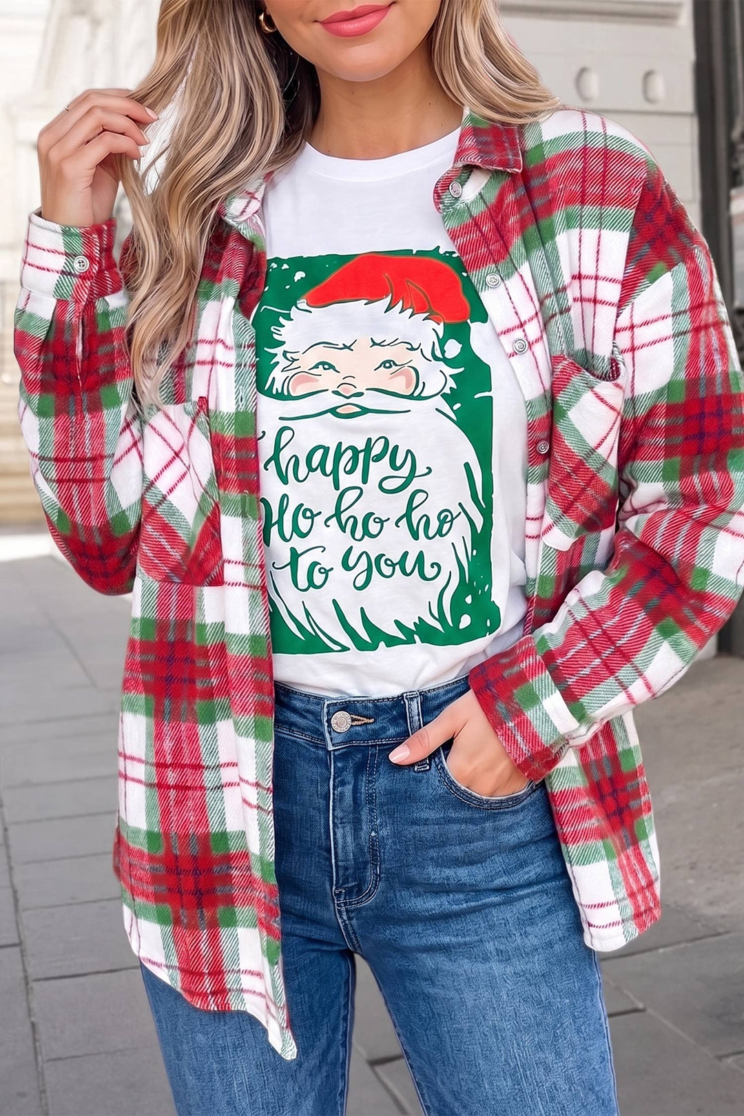 Christmas Plaid Long Sleeve Shacket | S-XL