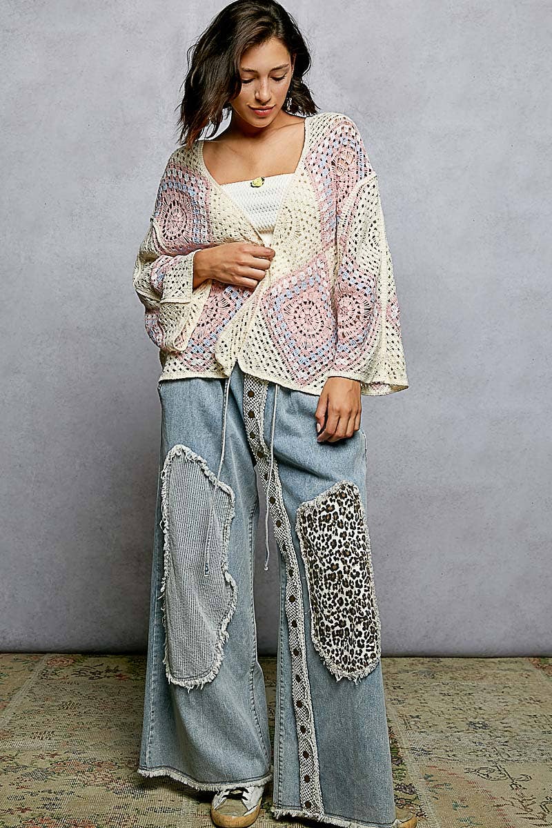 Crochet granny square cardigan with open front and relaxed fit
