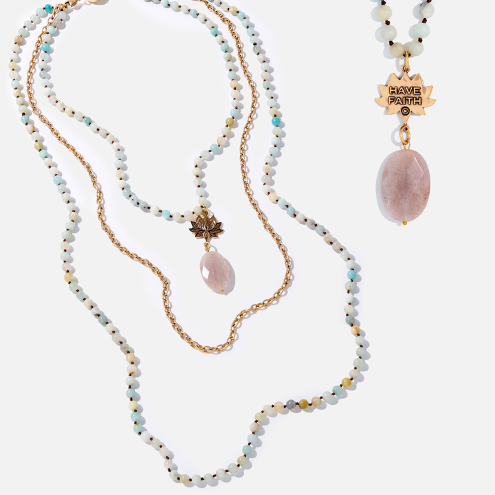 Have Faith Lotus Amazonite & Peach Quartz Necklace