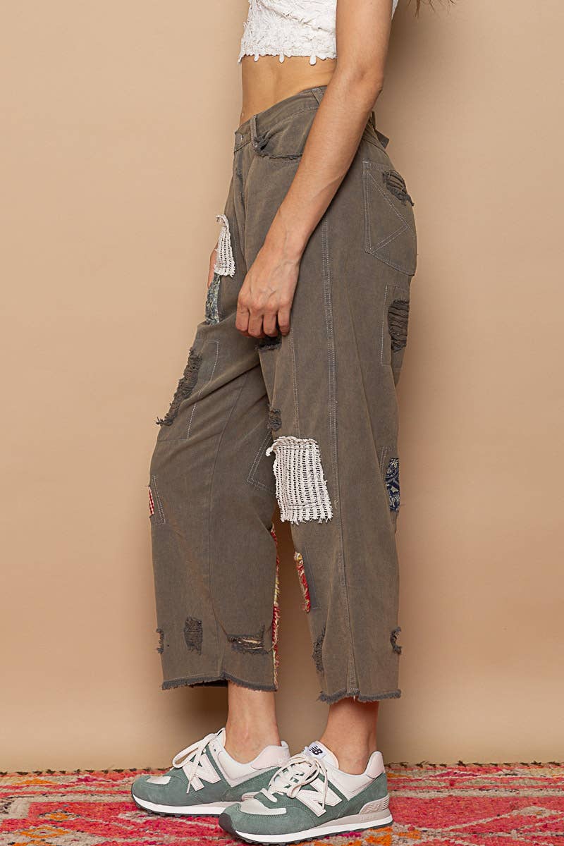 Patch work detail ankle length denim pants