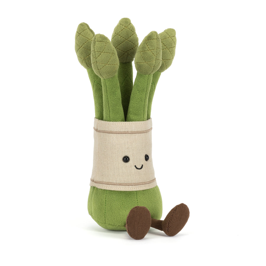 Green asparagus plush with stitched smile and soft textured fabric