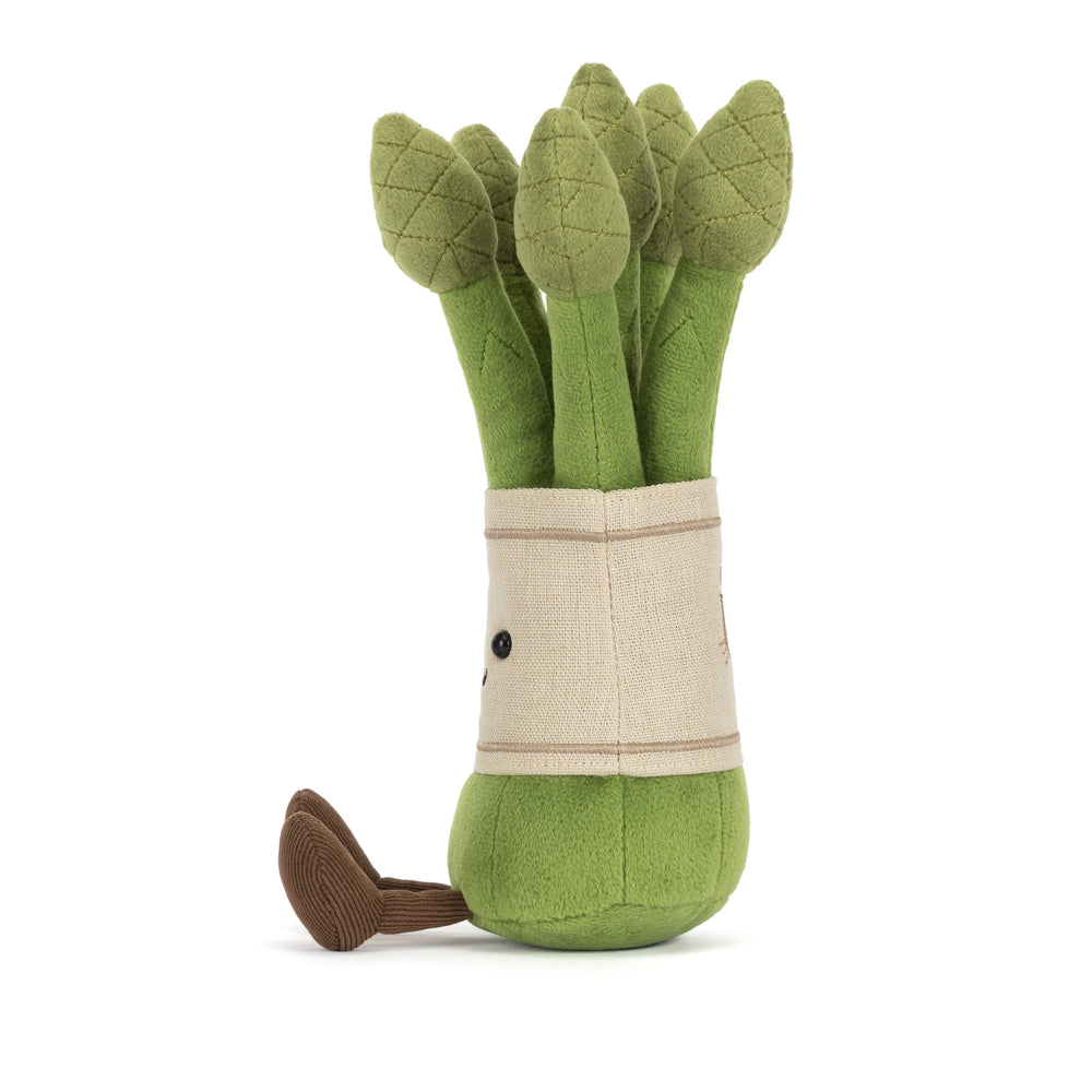 Green asparagus plush with stitched smile and soft textured fabric