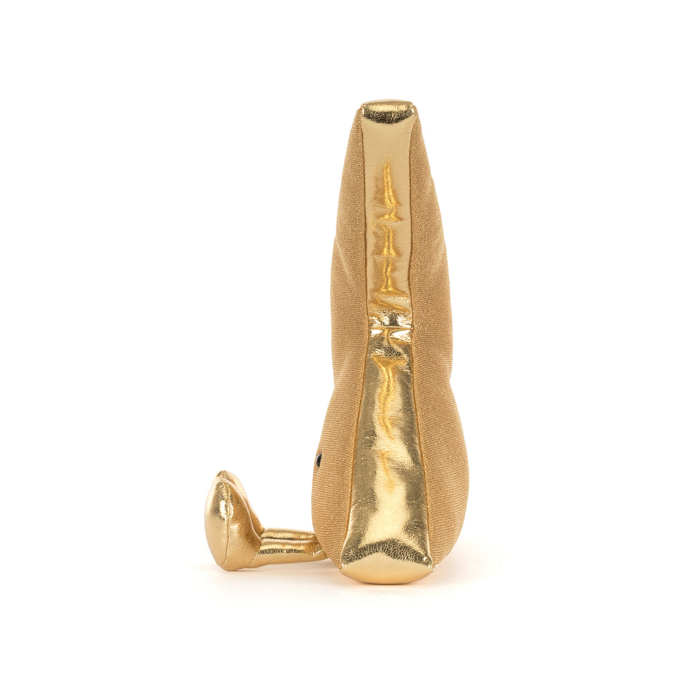 Amuseables Zapperty Lightning Bolt Jellycat plush in shimmering metallic gold, shiny gold feet on a white background.