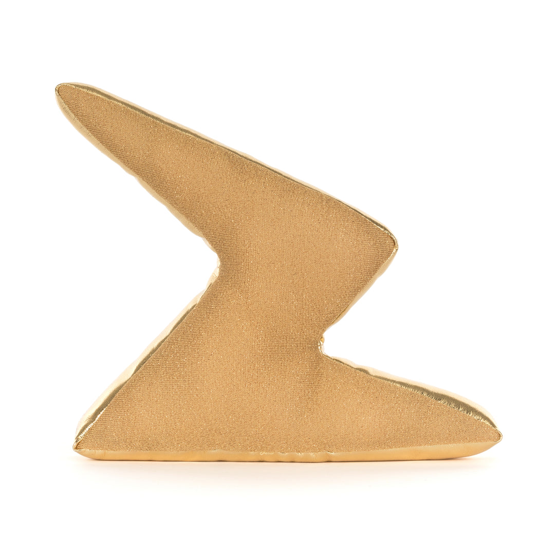 Amuseables Zapperty Lightning Bolt Jellycat plush in shimmering metallic gold on a white background.