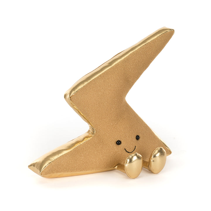 Amuseables Zapperty Lightning Bolt Jellycat plush in shimmering metallic gold with a smiling face and shiny gold feet on a white background.