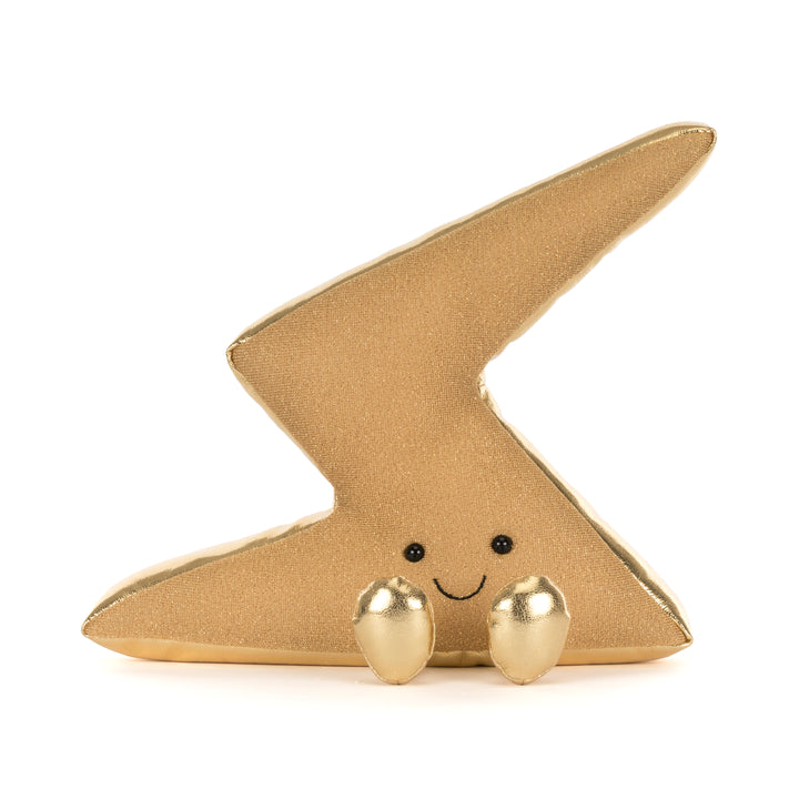 Amuseables Zapperty Lightning Bolt Jellycat plush in shimmering metallic gold with a smiling face and shiny gold feet on a white background.
