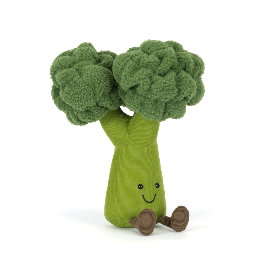 Amuseables Broccoli plush toy with soft green stem, textured broccoli florets, stitched smile, and corduroy feet on a white background