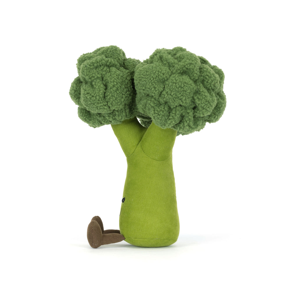 Amuseables Broccoli plush toy with soft green stem, textured broccoli florets, stitched smile, and corduroy feet on a white background