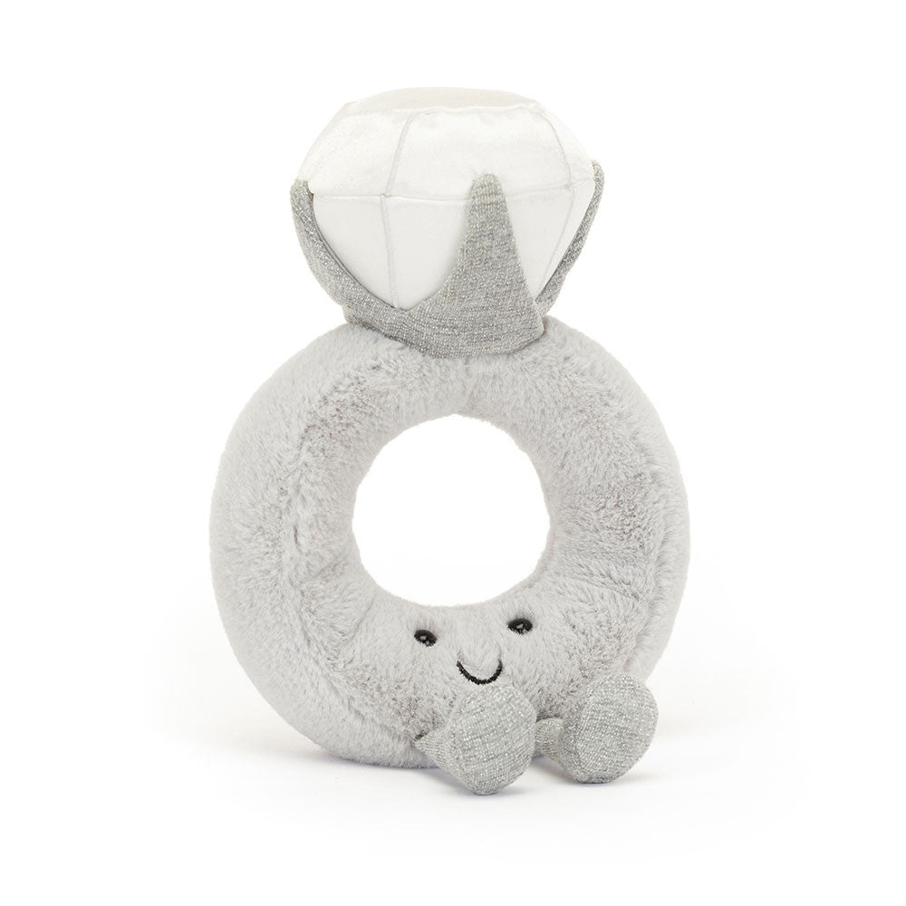Amuseables Diamond Ring plush featuring silver fur ring, and a white 'diamond' on top. With a cheerful smile, this cuddly plush is ready to say ‘yes’!