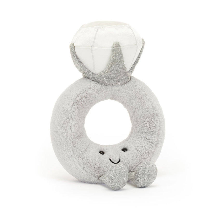 Amuseables Diamond Ring plush featuring silver fur ring, and a white 'diamond' on top. With a cheerful smile, this cuddly plush is ready to say ‘yes’!