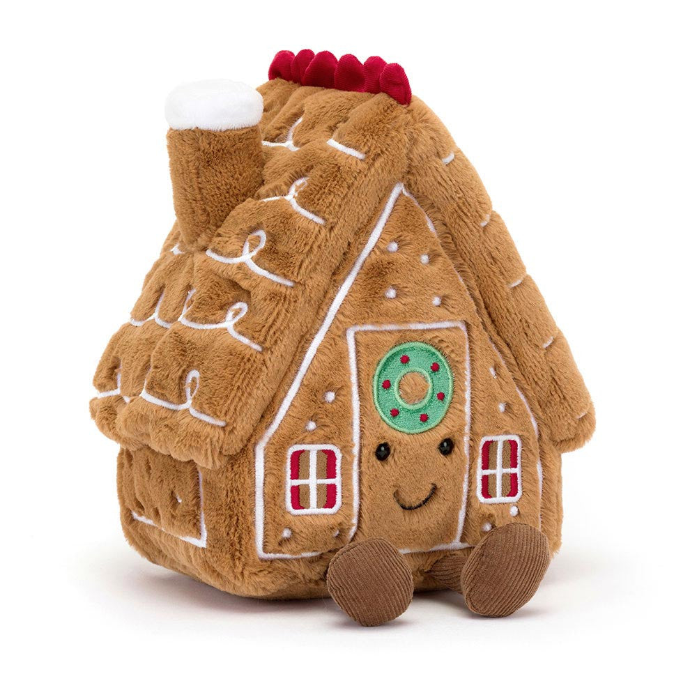 "Amuseables Gingerbread House plush with embroidered icing and smiling face"
