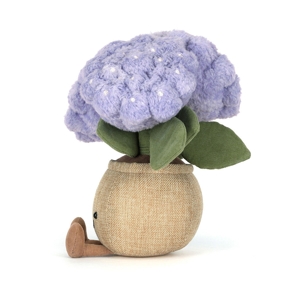 Plush hydrangea plant with purple blooms and smiling pot