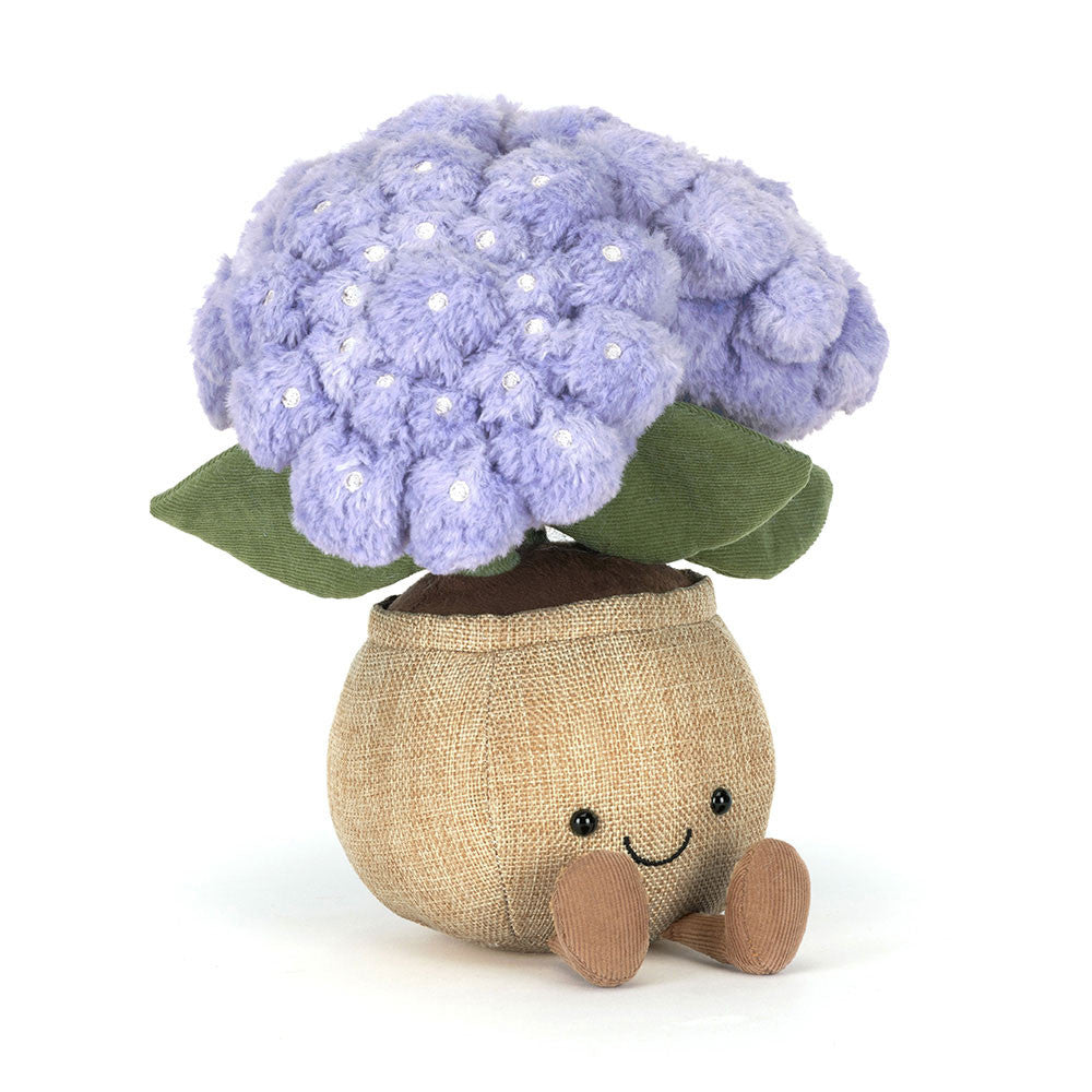 Plush hydrangea plant with purple blooms and smiling pot