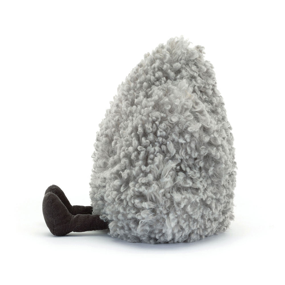 Jellycat Amuseable Storm Cloud from the side, showing its voluminous grey plush and a clear view of its corduroy boots.