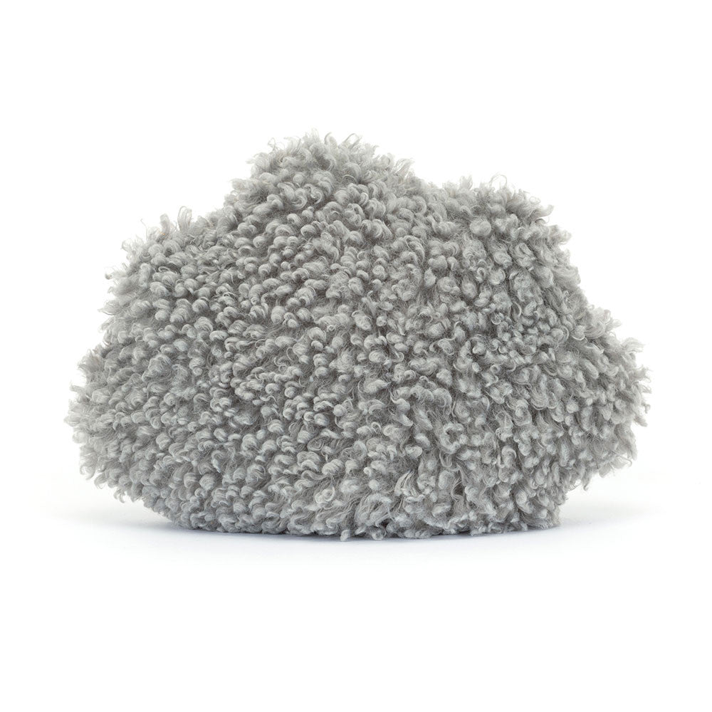 Back view of the Jellycat Amuseable Storm Cloud, displaying its full, shaggy grey cloud shape and curly texture without any facial features.