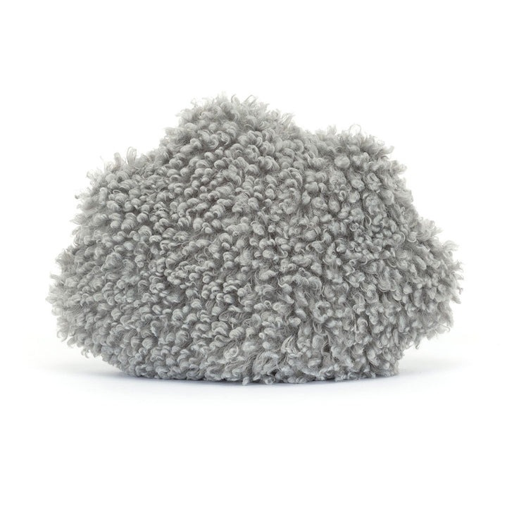 Back view of the Jellycat Amuseable Storm Cloud, displaying its full, shaggy grey cloud shape and curly texture without any facial features.