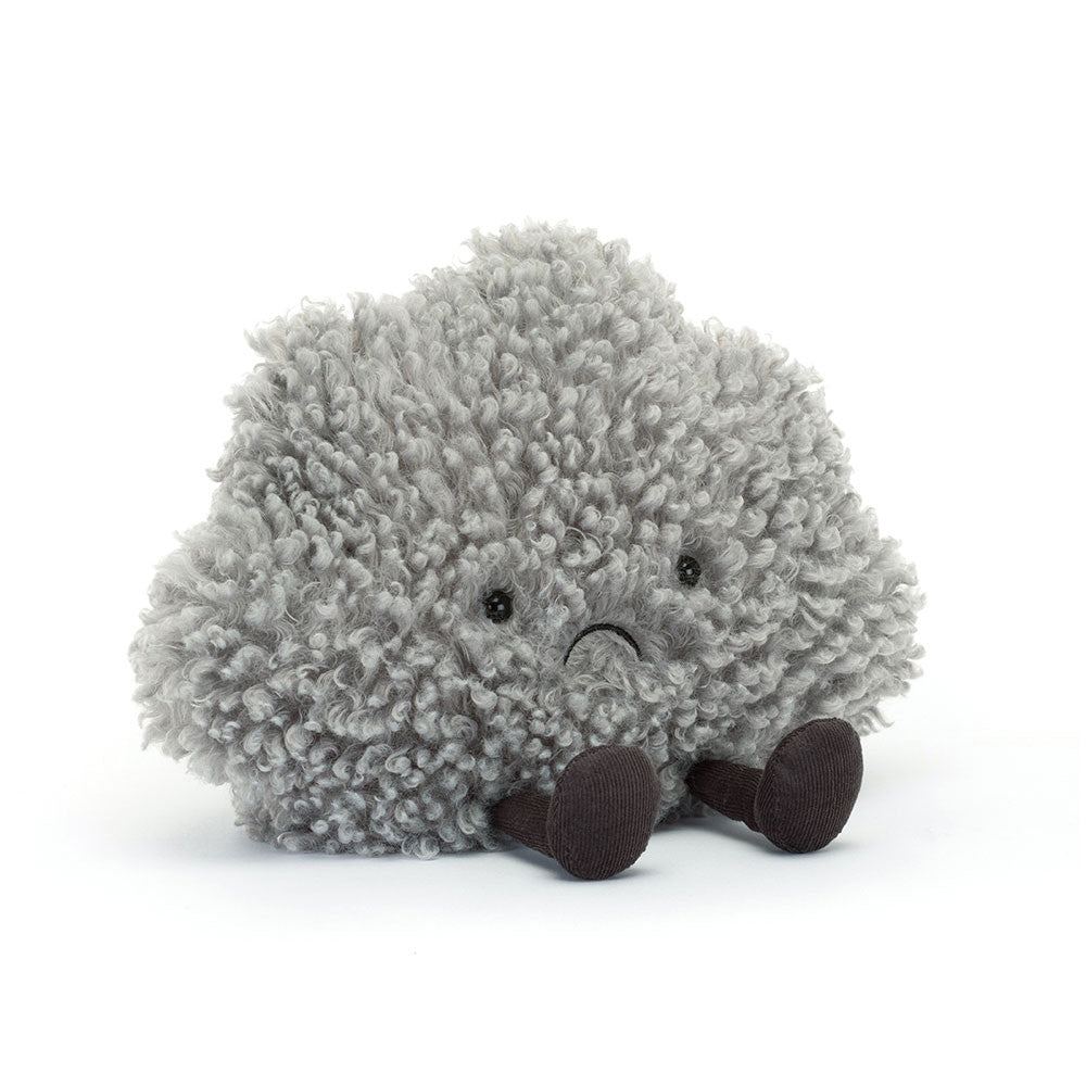 Jellycat Amuseable Storm Cloud plush toy, a fluffy curly grey cloud with a slightly worried embroidered face and small dark brown corduroy feet.