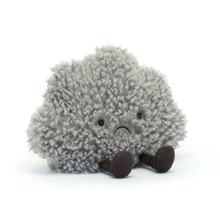 Jellycat Amuseable Storm Cloud plush toy, a fluffy curly grey cloud with a slightly worried embroidered face and small dark brown corduroy feet.