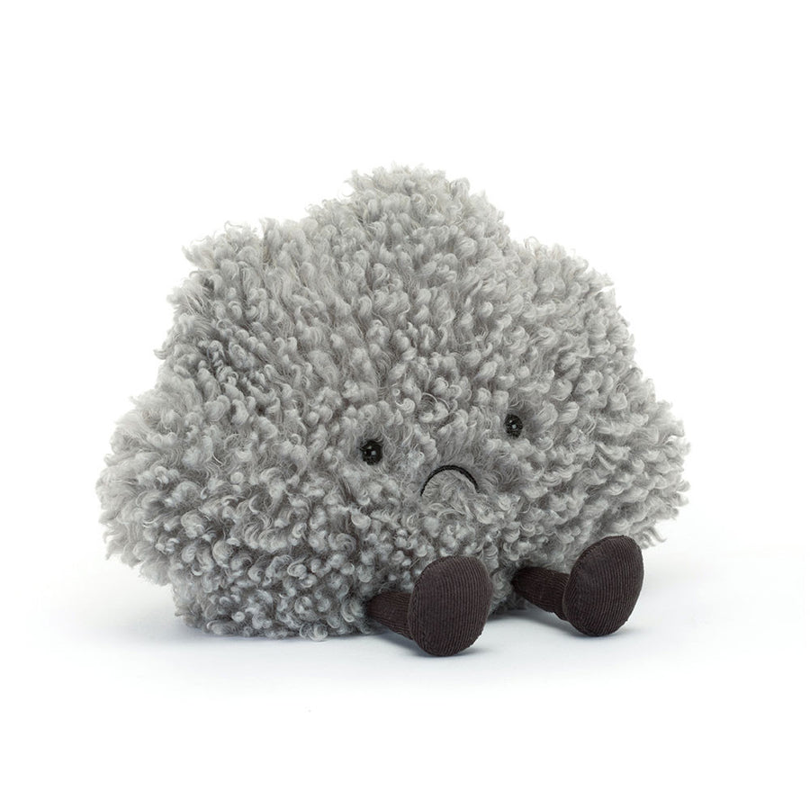 Jellycat Amuseable Storm Cloud plush toy, a fluffy curly grey cloud with a slightly worried embroidered face and small dark brown corduroy feet.