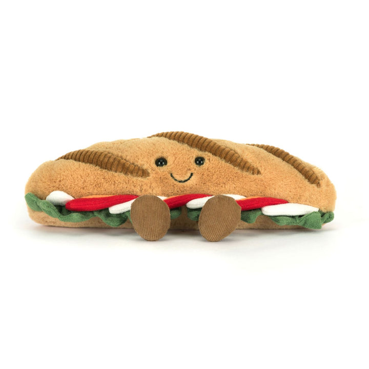 Amuseables Caprese Baguette plush with tomato, mozzarella, and basil layers and corduroy feet