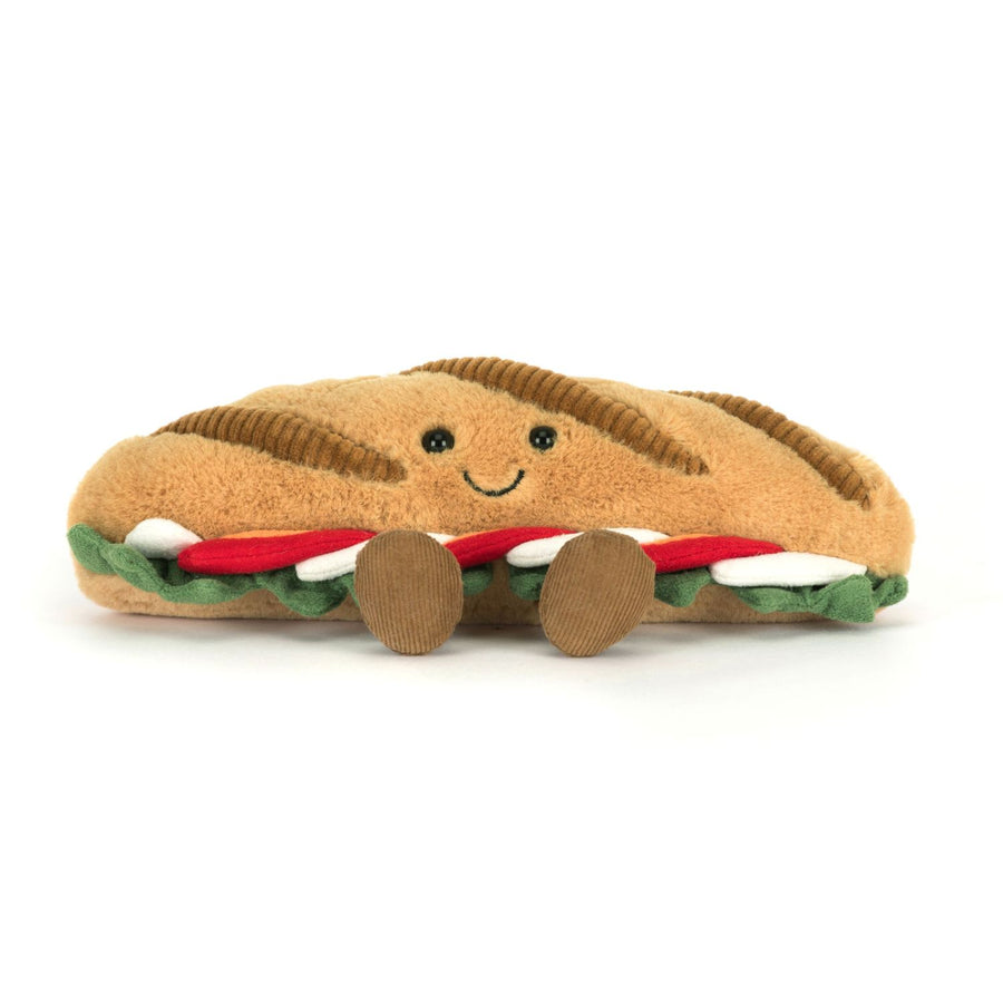 Amuseables Caprese Baguette plush with tomato, mozzarella, and basil layers and corduroy feet