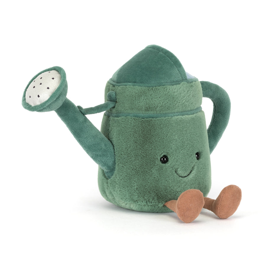 Amuseables Watering Can plush toy with soft green body, stitched smile, curved handle, spout, and corduroy feet on a white background