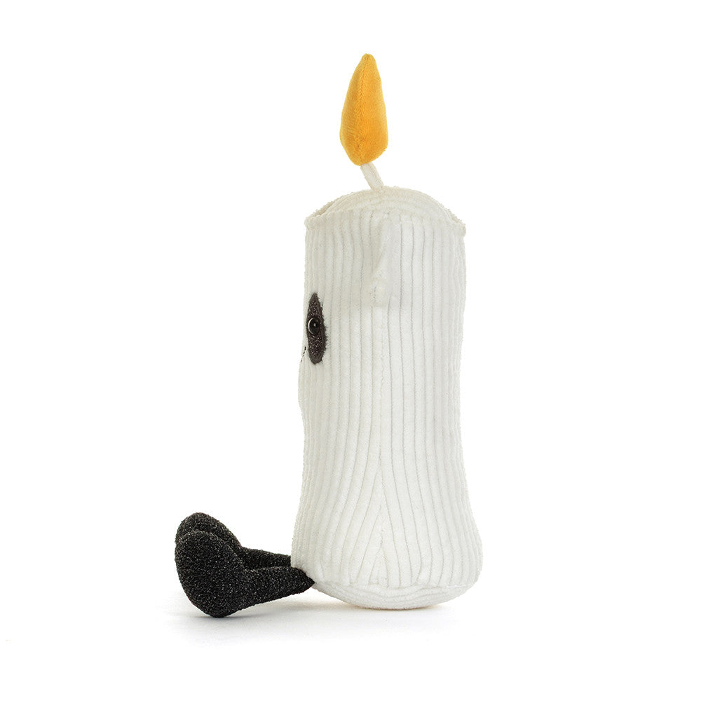 Jellycat Amuseables Flickerty Candle cream corduroy plush candle with golden flame, dark eye patches and black feet