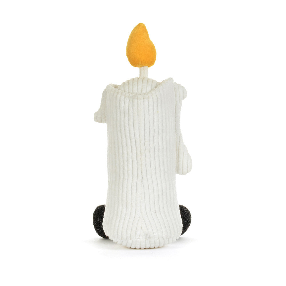 Jellycat Amuseables Flickerty Candle cream corduroy plush candle with golden flame, dark eye patches and black feet