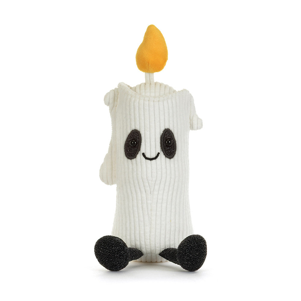 Jellycat Amuseables Flickerty Candle cream corduroy plush candle with golden flame, dark eye patches and black feet