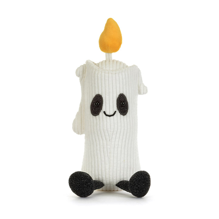 Jellycat Amuseables Flickerty Candle cream corduroy plush candle with golden flame, dark eye patches and black feet