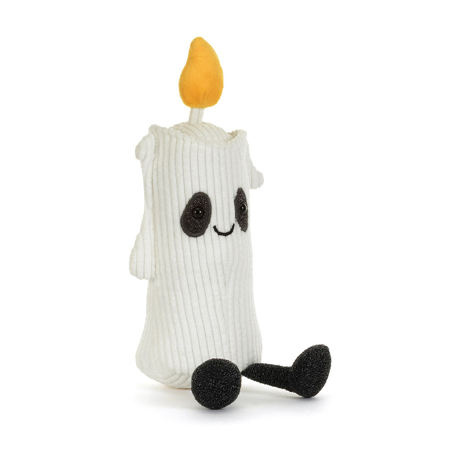 Jellycat Amuseables Flickerty Candle cream corduroy plush candle with golden flame, dark eye patches and black feet