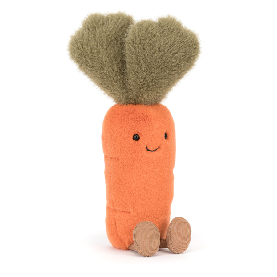 Amuseables Carrot plush toy with soft orange body, fluffy green top, stitched smile, and corduroy feet on a white background