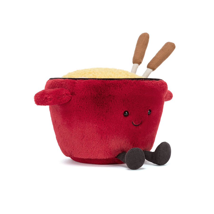 "Amuseables Cheese Fondue plush with red pot, yellow cheese top, and fondue forks"