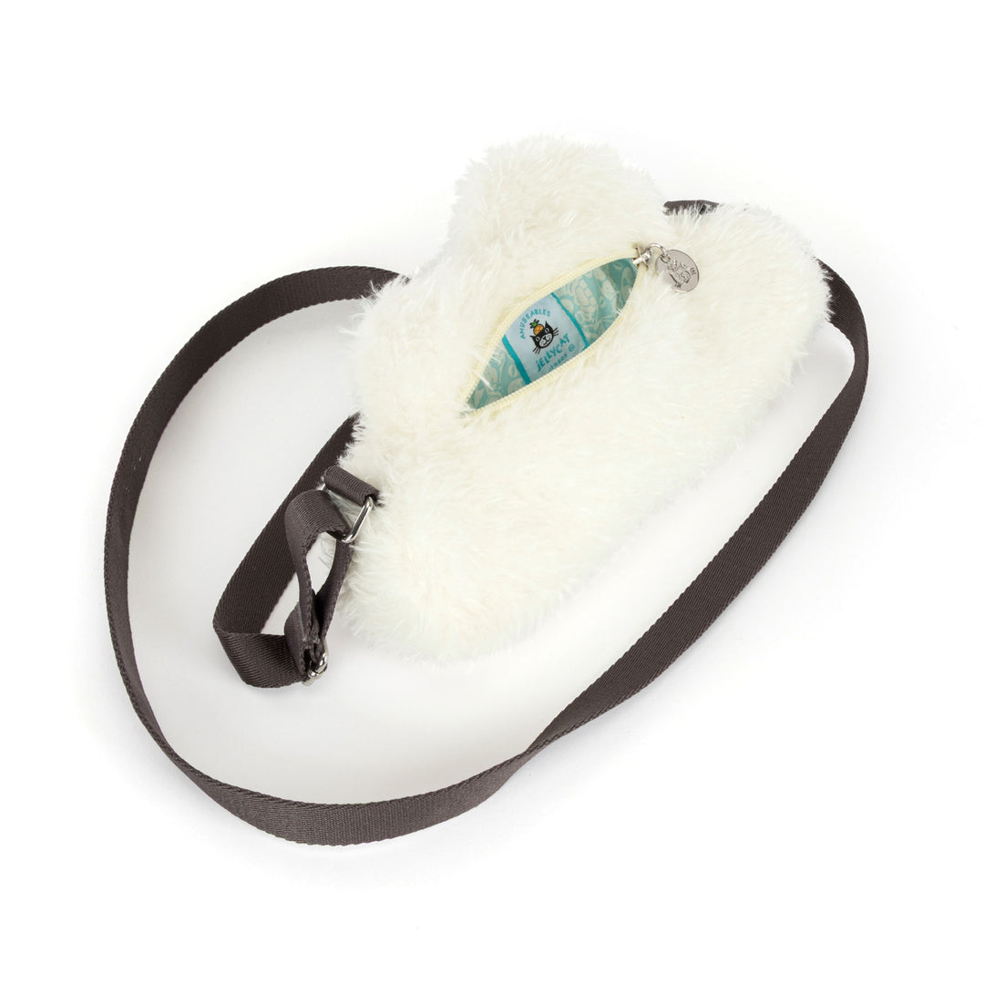 cream white fluffy cloud plush shoulder bag with adjustable strap, and zip closure on a white background