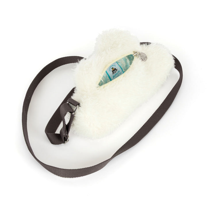cream white fluffy cloud plush shoulder bag with adjustable strap, and zip closure on a white background