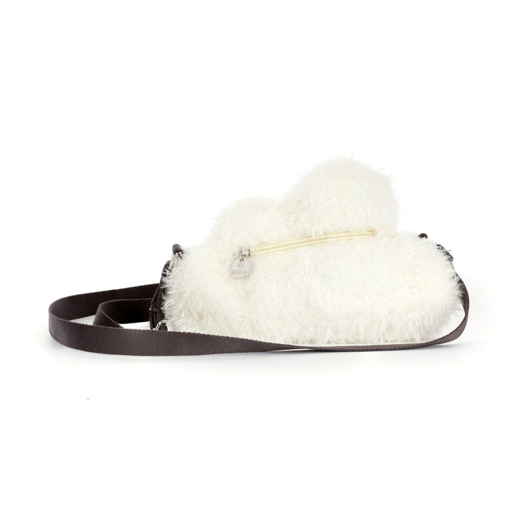 cream white fluffy cloud plush shoulder adjustable strap, and zip closure on a white background