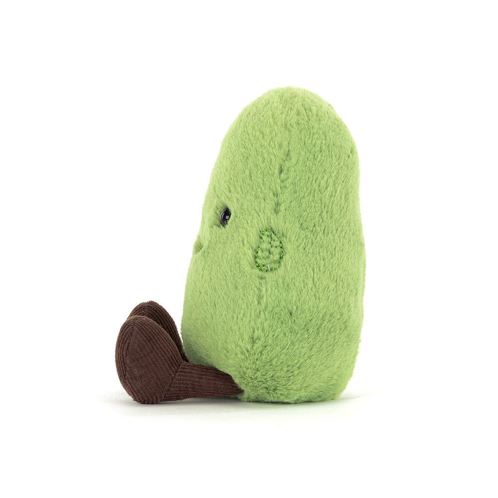 Side view Amuseables Soyella Edamame Bean plush with soft green fur, smiling face, and brown corduroy feet
