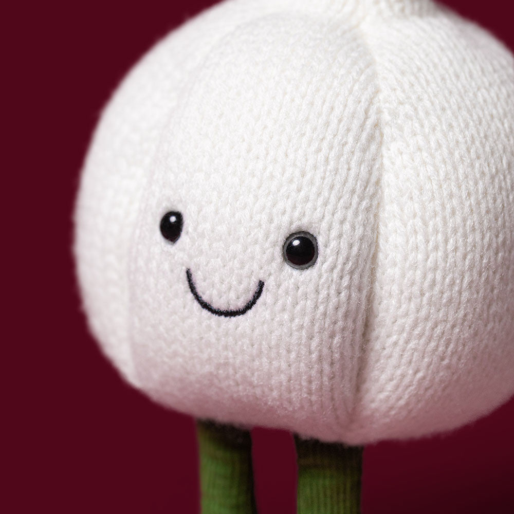 Jellycat Amuseables Garlic cream knitted garlic bulb plush with green corduroy feet and embroidered smile