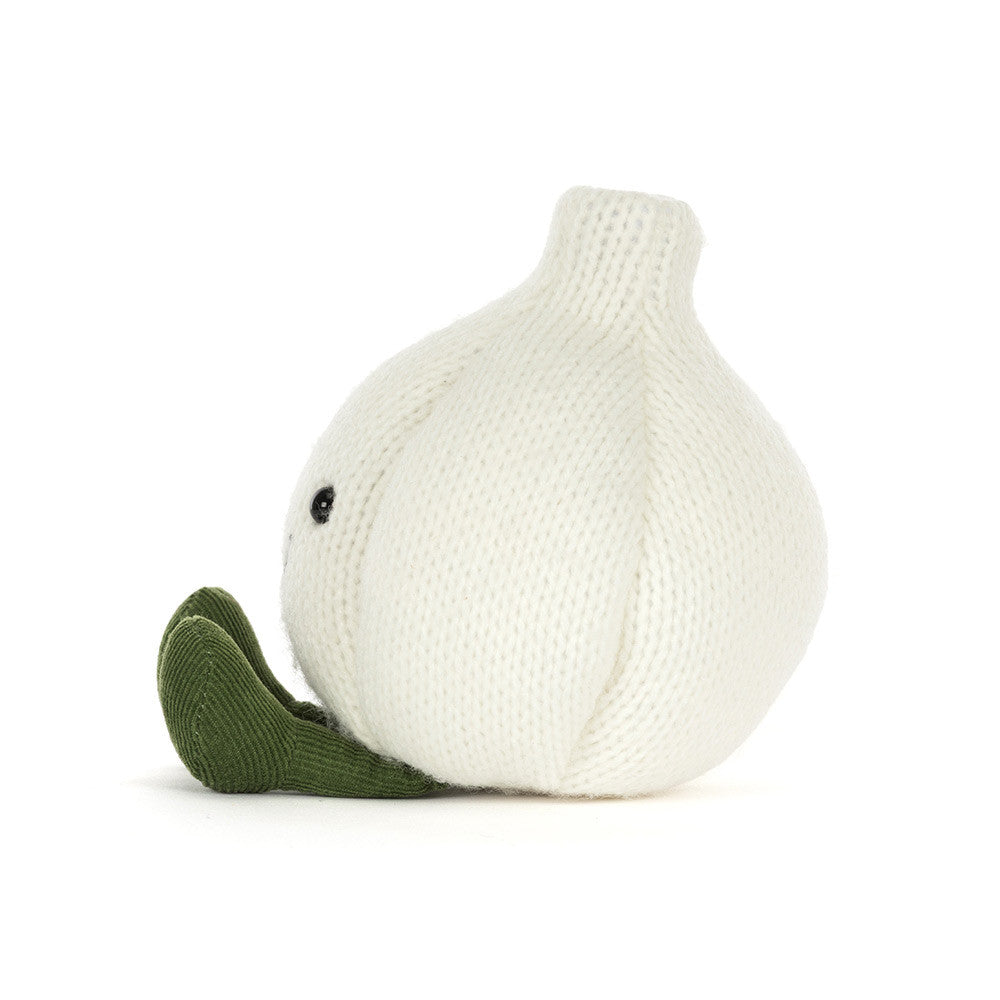 Jellycat Amuseables Garlic cream knitted garlic bulb plush with green corduroy feet and embroidered smile