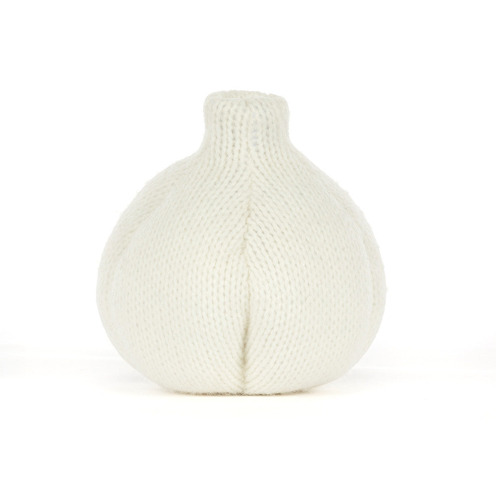Jellycat Amuseables Garlic cream knitted garlic bulb plush with green corduroy feet and embroidered smile