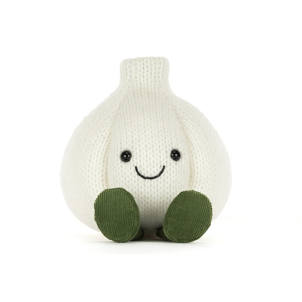 Jellycat Amuseables Garlic cream knitted garlic bulb plush with green corduroy feet and embroidered smile