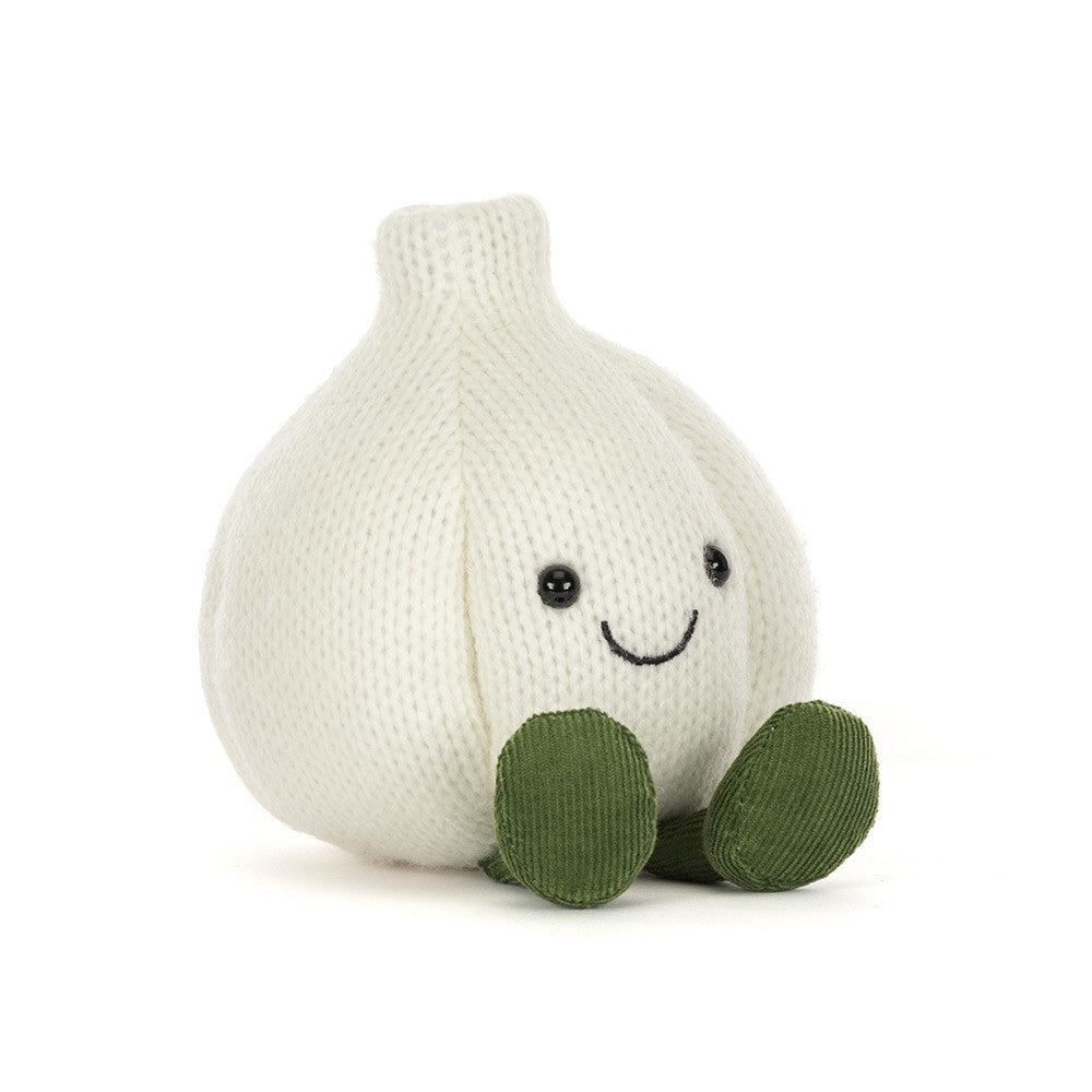 Jellycat Amuseables Garlic cream knitted garlic bulb plush with green corduroy feet and embroidered smile
